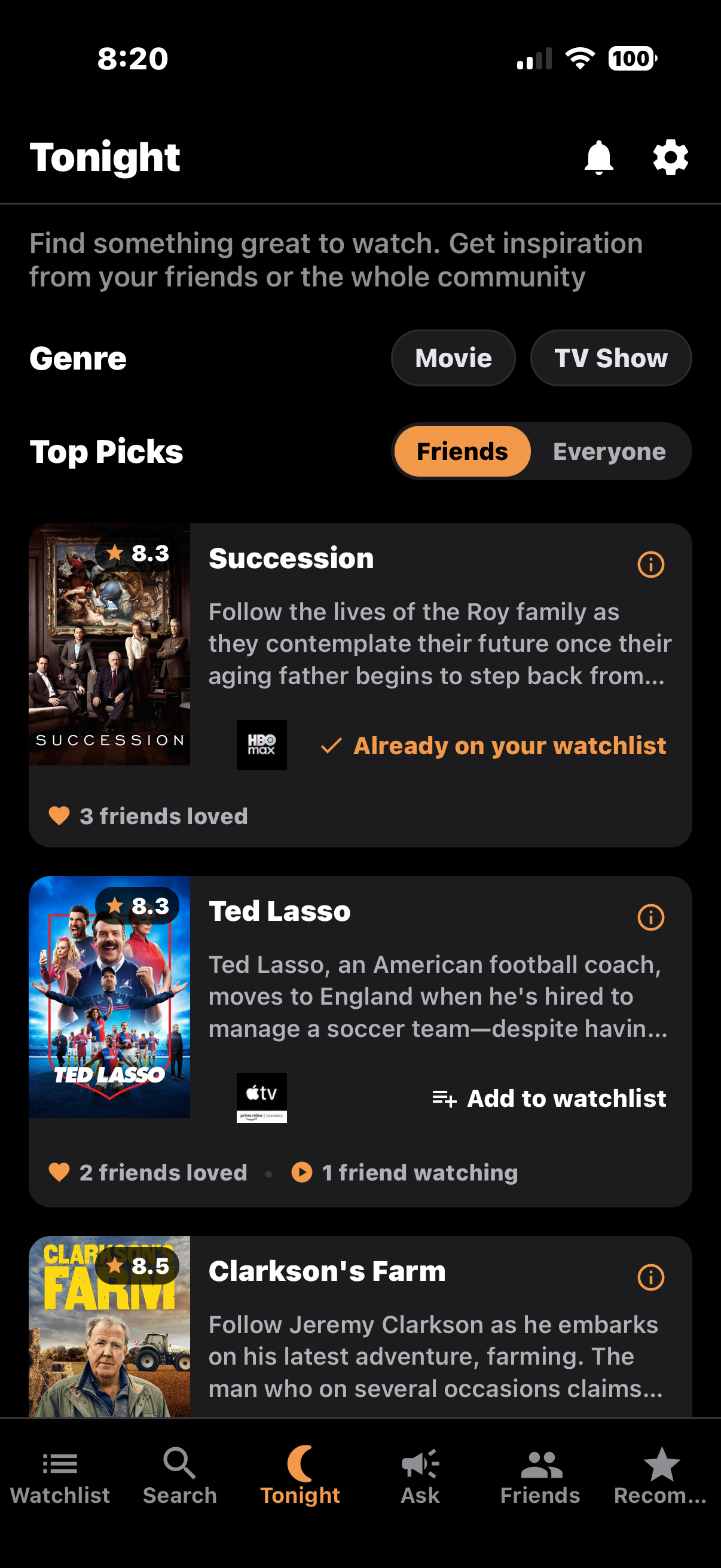 Tonight tab showing personalized recommendations from friends - Succession, Ted Lasso, and Clarkson's Farm with ratings and friend activity